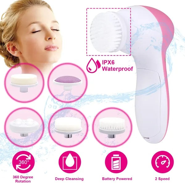 Waterproof Facial Cleansing Brush - 5-in-1 Electric Face Scrubber