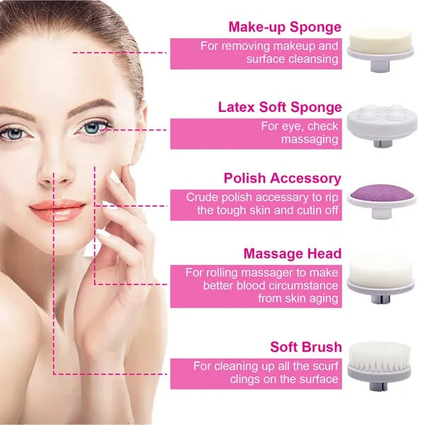 Waterproof Facial Cleansing Brush - 5-in-1 Electric Face Scrubber