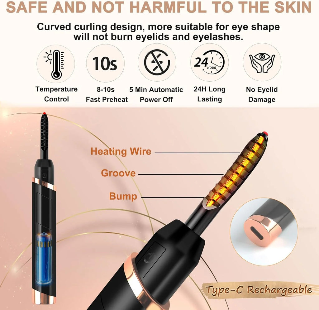 Heated Eyelash Curlers, Electric Eyelash Curlers, Rechargeable Lash Curler with Eyelash Comb for Makeup Natural Curling Eye Lashes and 24 Hours Long Lasting - Black