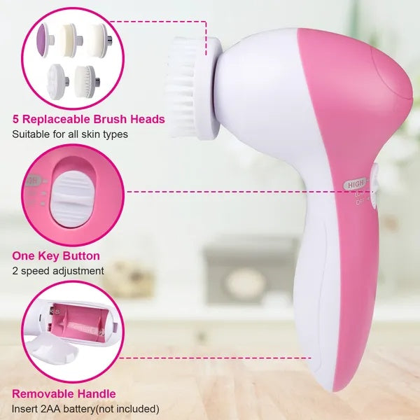 Waterproof Facial Cleansing Brush - 5-in-1 Electric Face Scrubber